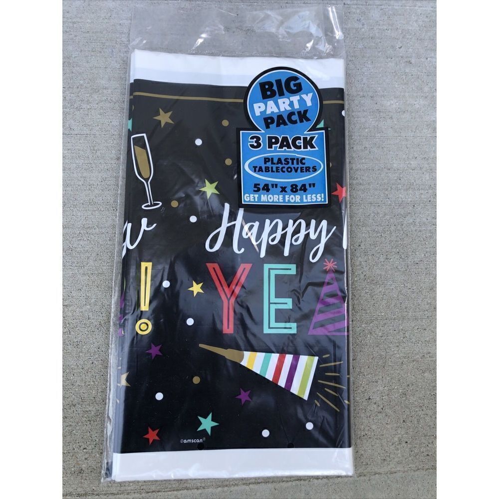 Happy New Years  3 Pk Plastic Table covers 54"x84" Multi Colors On Outside